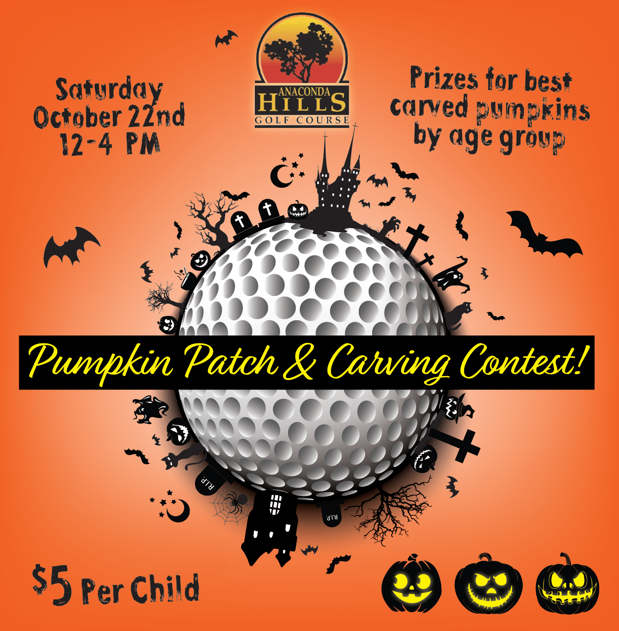 Pumpkin Patch & Carving Contest headline on illustration of golf ball covered with halloween items